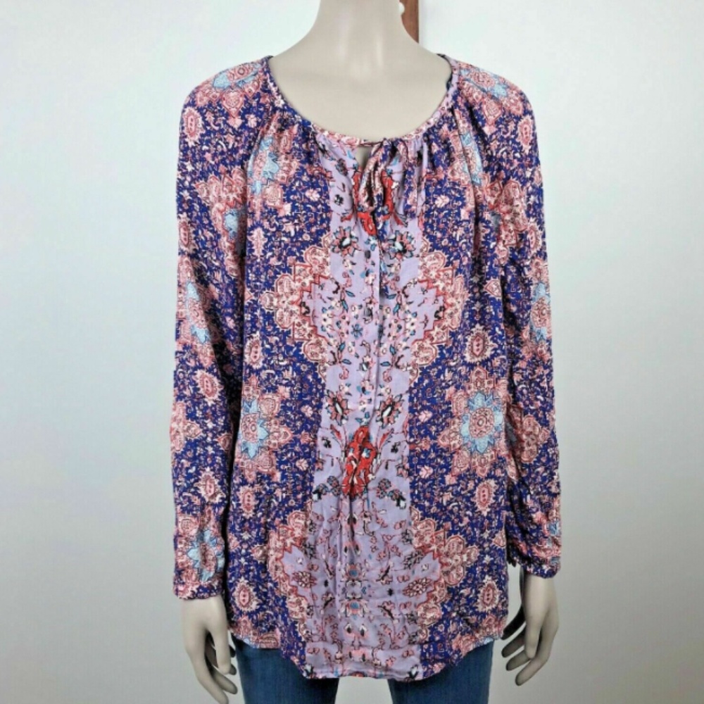 Lucky Brand Top Size L Boho Flowy Paisley Print Long Sleeve Tie Neck Long Sleeve